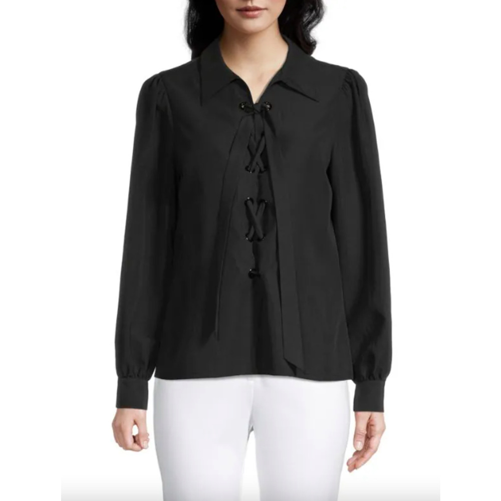 NWT Elie Tahari Blouse Black Tie Front Long Sleeve XL MSRP $275